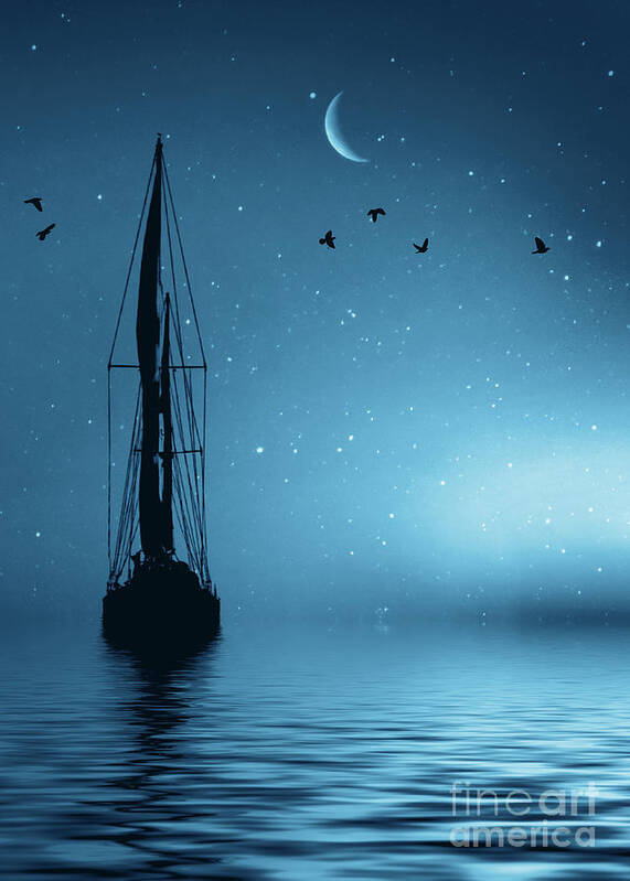 Sailing Art Print featuring the photograph Sailboat at Night Surreal with Crescent Moon Silhouetted and Stars by Stephanie Laird