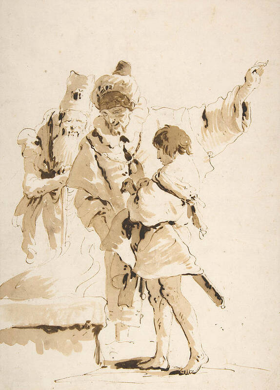 18th Century Art Art Print featuring the drawing Scherzo di Fantasia - Two Standing Orientals and a Standing Youth with a Sword by Giovanni Battista Tiepolo