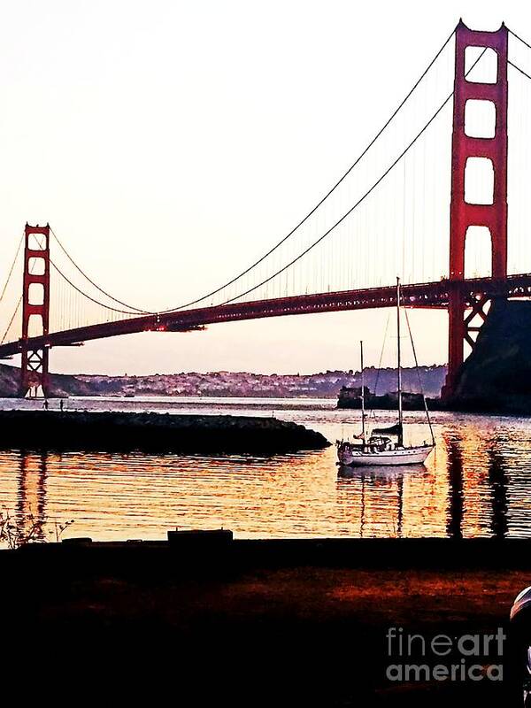 Golden Gate Bridge Art Print featuring the painting SF Fog Meets October Sunset by Artist Linda Marie