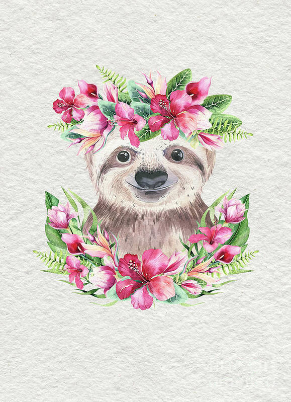 Sloth With Flowers Art Print featuring the painting Sloth With Flowers by Nursery Art