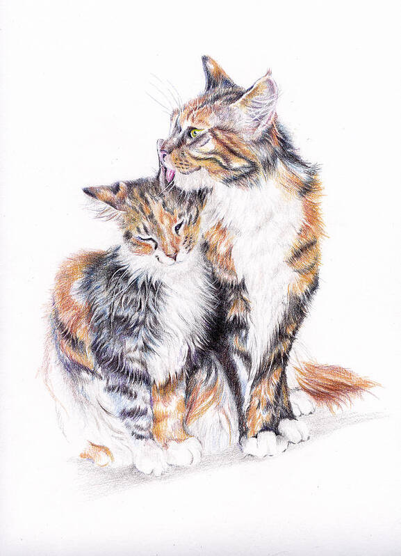 Cats Art Print featuring the painting Smitten - Cats in Love by Debra Hall