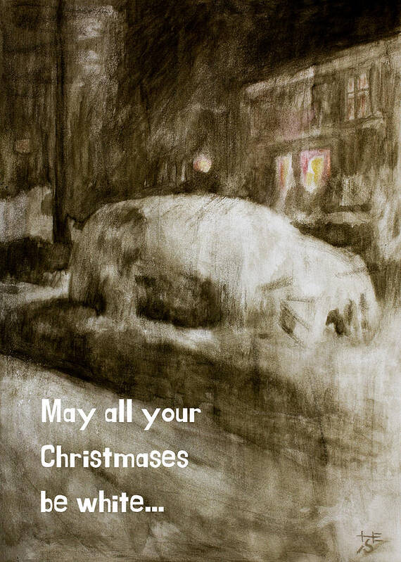 Christmas Card Art Print featuring the painting Snow Covered Car At Night - Christmas car version by Hans Egil Saele