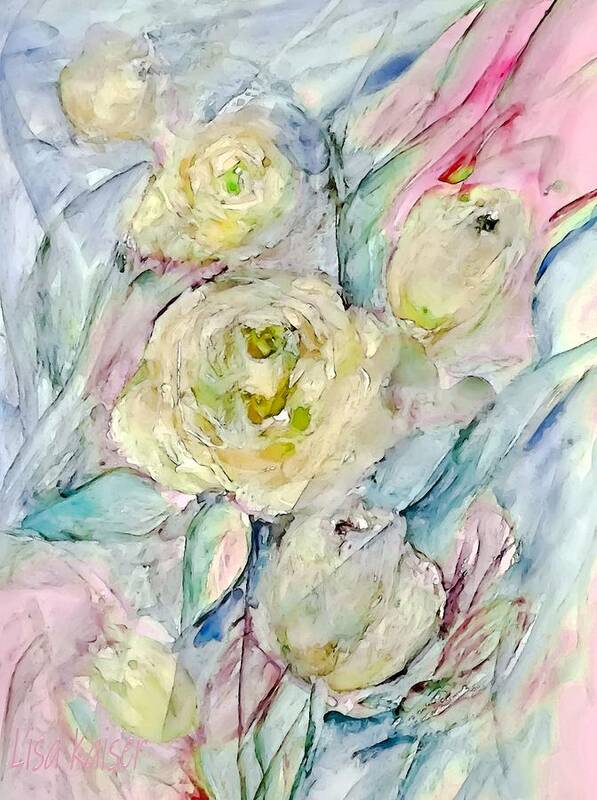 Yellow Art Print featuring the painting Soft Shadowy Yellow Rosess by Lisa Kaiser