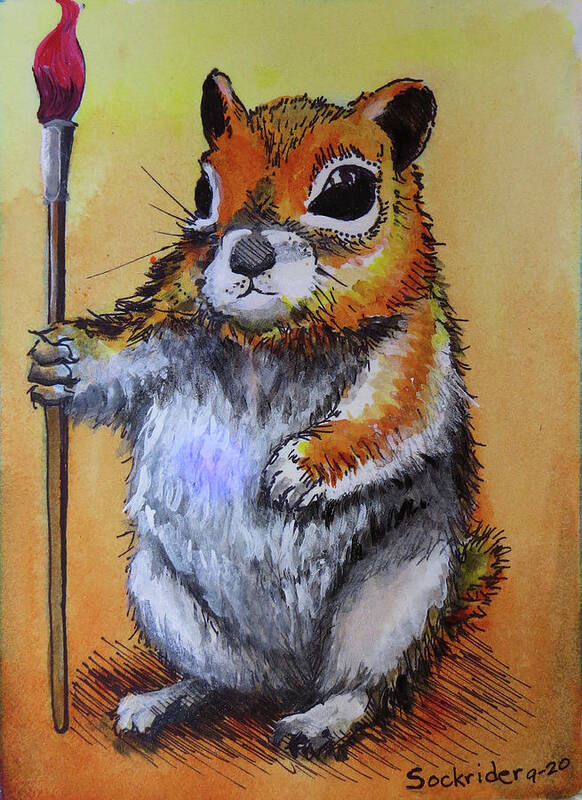 Squirrel Art Print featuring the painting Squirrel Artist by David Sockrider