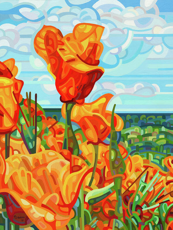 Red Orange Poppies Art Print featuring the painting Standing Tall by Mandy Budan
