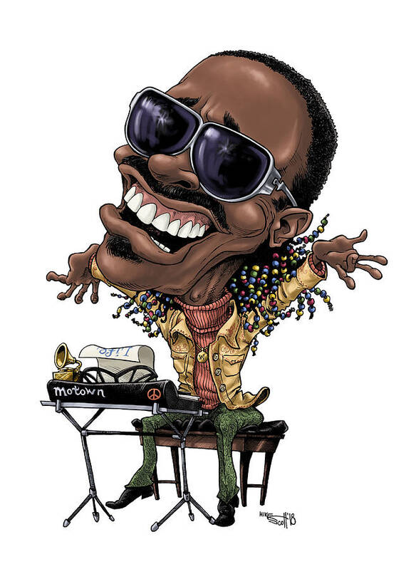 Caricature Art Print featuring the drawing Stevie Wonder in color by Mike Scott