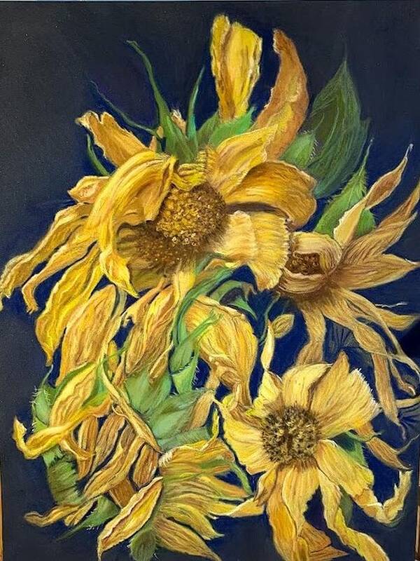 Dried Sunflowers Art Print featuring the pastel Summers End by Juliette Becker