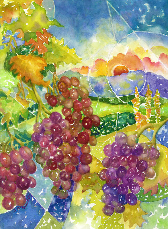 Grapes Art Print featuring the painting Sunset Vineyard by Ann Nicholson