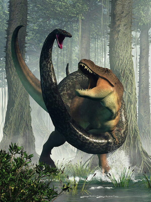 Tyrannosaur Art Print featuring the digital art T-Rex vs Titanoboa by Daniel Eskridge