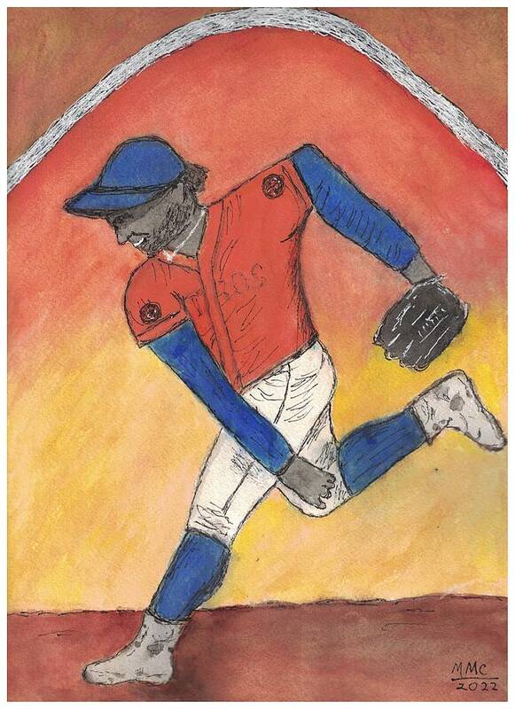 Orange Art Print featuring the drawing The Baseball Pitcher by Mary M Collins