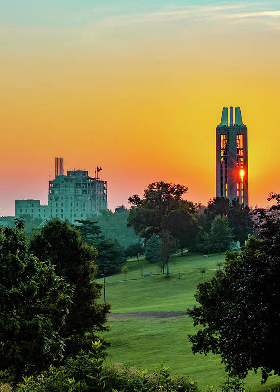 University Of Kansas Art Print featuring the photograph The Campanile Tower on Mt. Oread Over Kaw Valley at Sunrise by Gregory Ballos