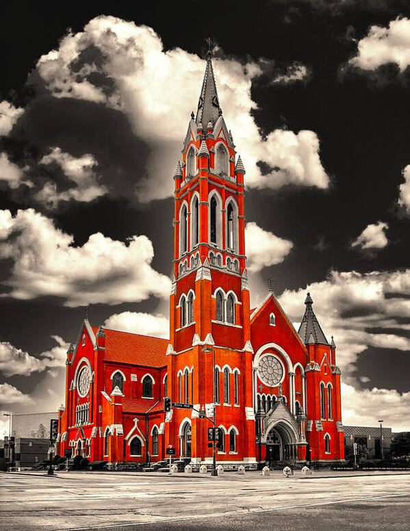 Cathedral Shrine Of The Virgin Of Guadalupe Art Print featuring the digital art The Cathedral Shrine of the Virgin of Guadalupe in Dallas, Texas, isolated on black and white by Nicko Prints