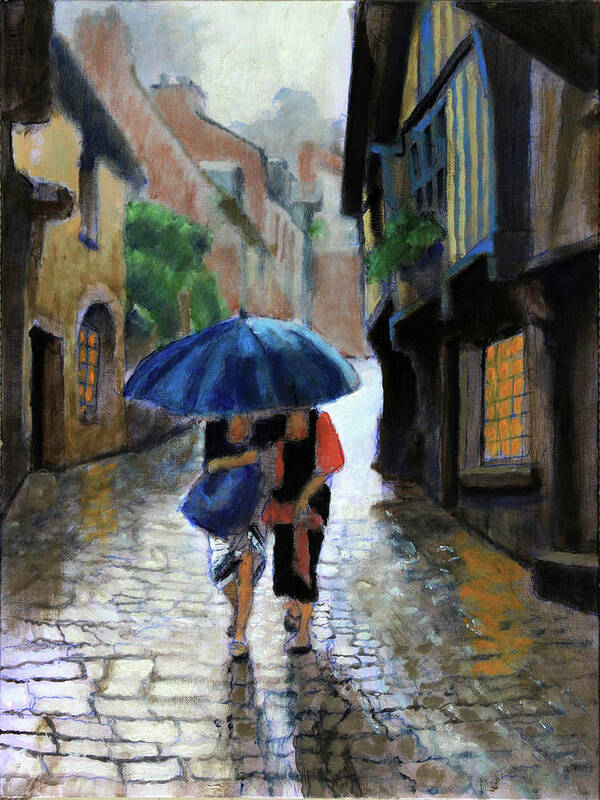 Two Women Share An Umbrella Art Print featuring the painting The Downpour by David Zimmerman