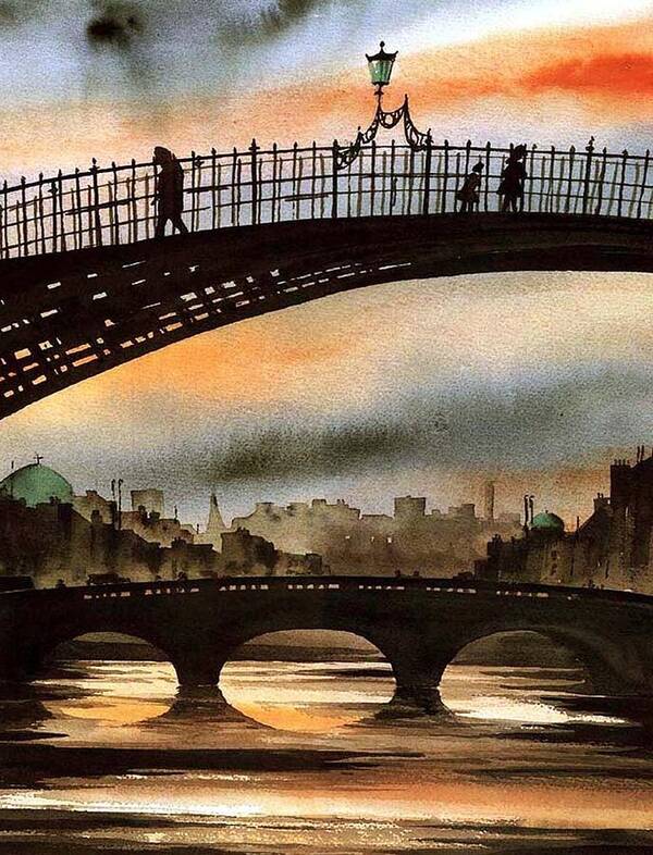  Art Print featuring the painting The Ha'penny Bridge, River Liffey. by Val Byrne