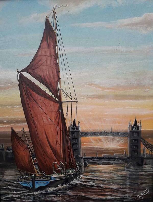 Thames Sailing Barge Art Print featuring the painting Thmes Sailing Barge Dannebrog heading towards Tower Bridge London by Mackenzie Moulton