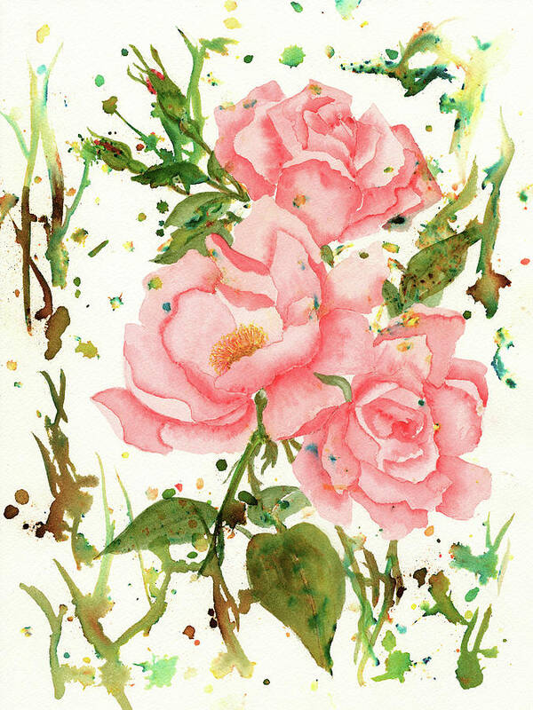 Three Pink Roses Art Print featuring the painting Three Pink Roses Watercolor Painting by Deborah League
