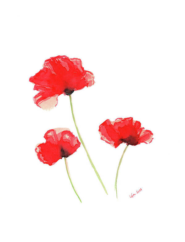 Poppy Art Print featuring the painting Three red poppies by Karen Kaspar
