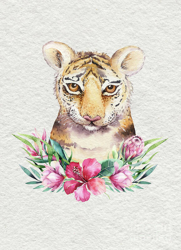 Tiger With Flowers Art Print featuring the painting Tiger With Flowers by Nursery Art