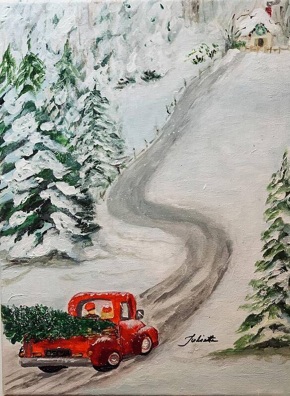 Red Truck Art Print featuring the painting To Grandmothers House We Go by Juliette Becker