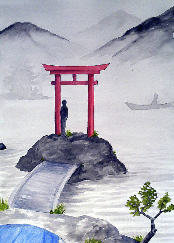Watercolor Art Print featuring the painting Torii in Fog by Rohvannyn Shaw
