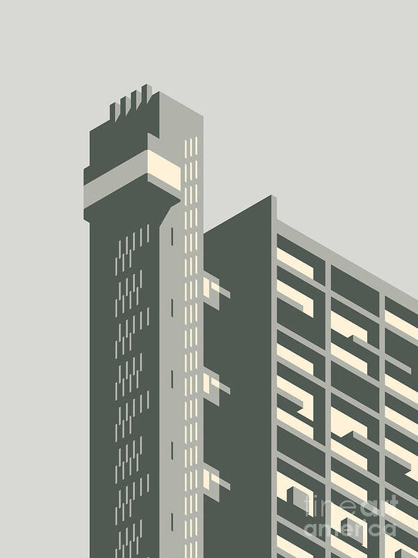 Trellick Art Print featuring the digital art Trellick Tower London Brutalist Architecture - Grey by Organic Synthesis
