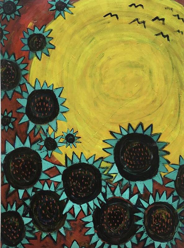 Sun Art Print featuring the painting Turquoise Sunflowers by Cyndie Katz