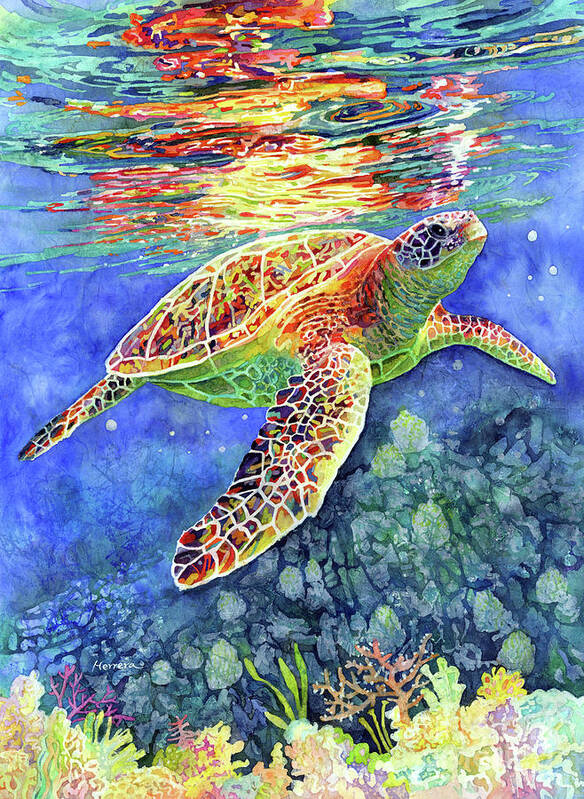 Turtle Art Print featuring the painting Turtle Reflections-pastel colors by Hailey E Herrera