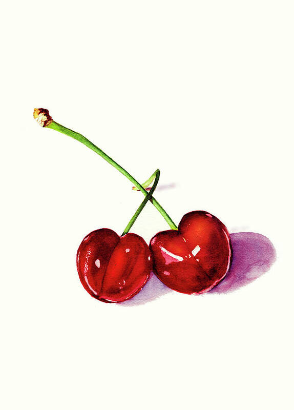 Fruit Art Print featuring the painting Two Glistening Red Cherries With Intertwined Stems by Deborah League