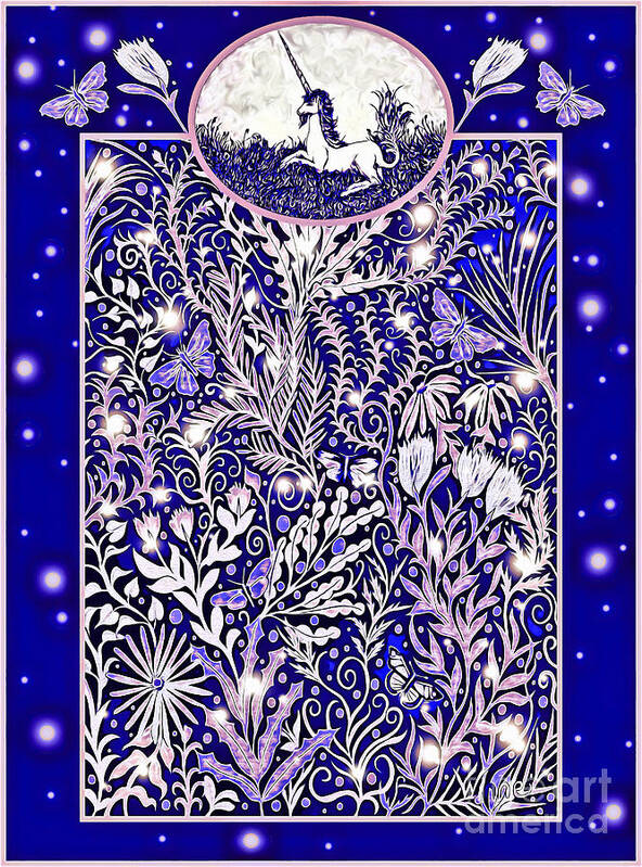 Unicorn Art Print featuring the mixed media Unicorn Garden Tapestry Design in Midnight Blue by Lise Winne