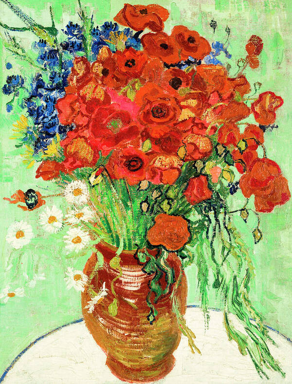 Vase With Cornflowers And Poppies Art Print featuring the painting Vase with Cornflowers and Poppies by Vincent van Gogh June 1890 by Vincent van Gogh