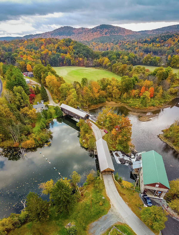 Hartland Vermont Art Print featuring the photograph Vertical Vermont autumn colors over the Willard Twin Bridges by Jeff Folger