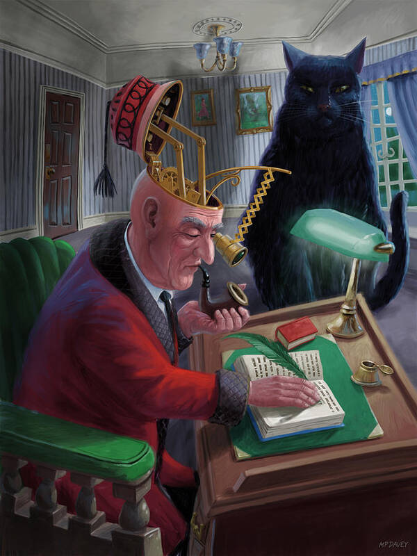Writing Art Print featuring the digital art Victorian author at writing desk with giant cat by Martin Davey