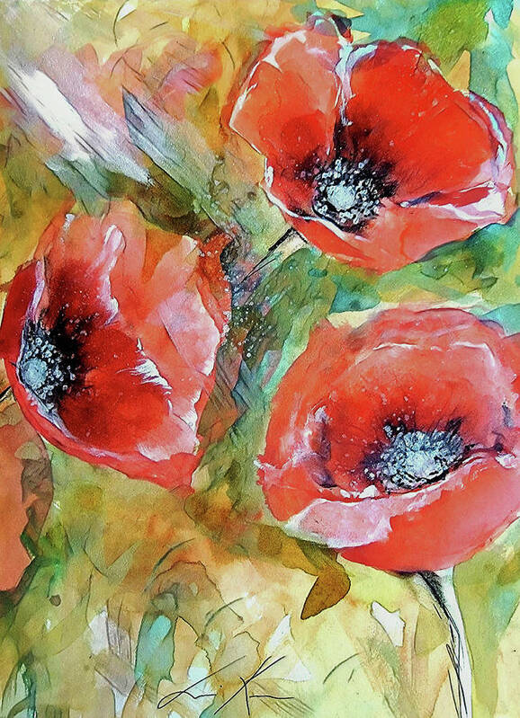 Poppy Art Print featuring the painting Warm Windy Poppy Watercolour by Lisa Kaiser
