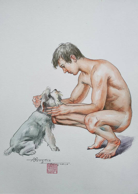 Male Nude Art Print featuring the painting watercolor -Man and dog #20711 by Hongtao Huang