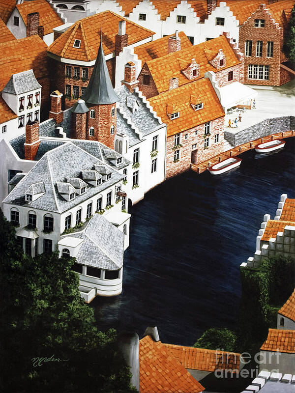 Bruges Art Print featuring the painting WHERE THE RIVER BENDS - Prints-Decor-More by Mary Grden