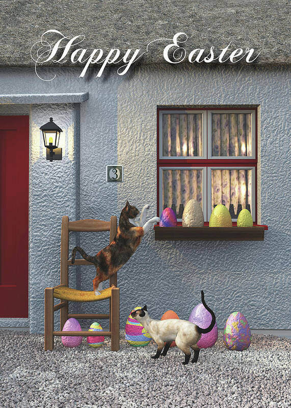 Easter Morning Art Print featuring the digital art Whimsical Fantasy Easter Eggs and Cats by Jan Keteleer