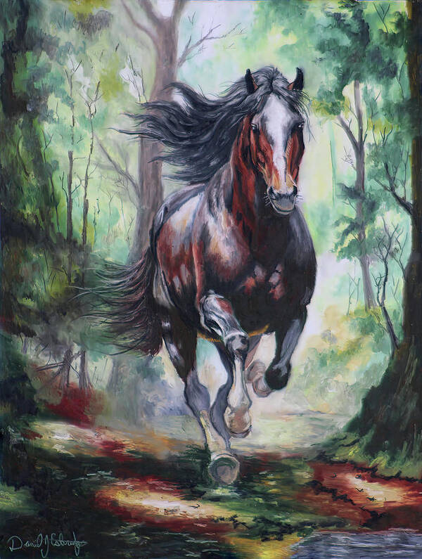 Horse Art Print featuring the digital art Wild Horse Galloping in a Forest by Daniel Eskridge