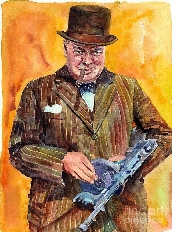 Winston Churchill Art Print featuring the painting Winston Churchill With A Tommy Gun by Suzann Sines