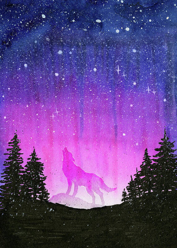 Wolf Art Print featuring the painting Wolf Howling in Pink Galaxy Forest by Olga Shvartsur