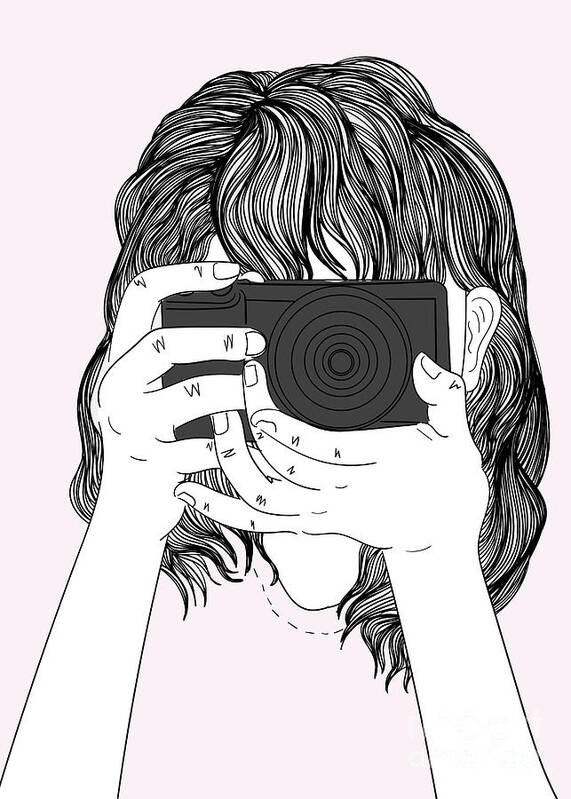 Graphic Art Print featuring the digital art Woman With A Camera - Line Art Graphic Illustration Artwork by Sambel Pedes