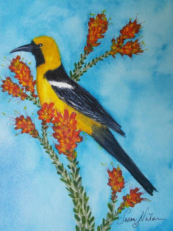 Bright Yellow Oriole Art Print featuring the painting Yellow Oriole by Susan Nielsen