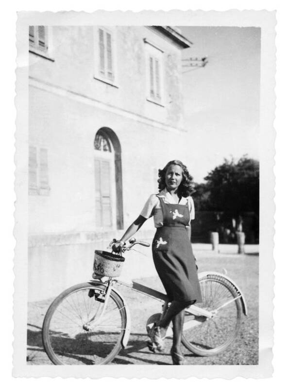 People Art Print featuring the photograph Young Woman With Bicycle in 1935.Black And White by Lisa-Blue