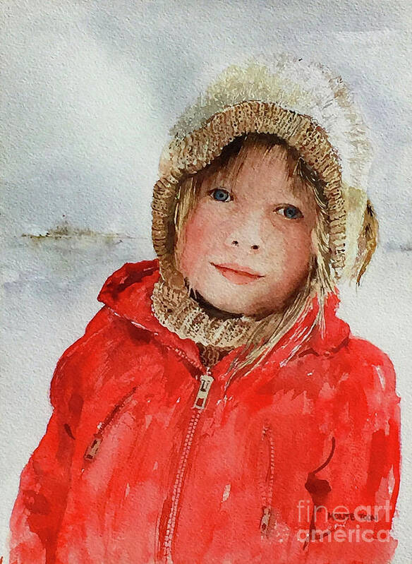 A Young Girl In A Bright Red Coat Plays In The Winter Snow. Art Print featuring the painting Zoe In The Snow by Monte Toon