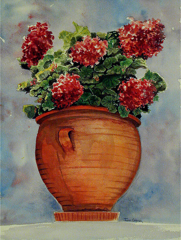 Painting Of A Pot Of Geraniums Art Print featuring the painting Brightening the Day by Terri Meyer
