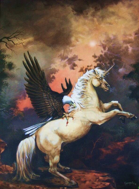 Eagle Art Print featuring the painting Eagle and the Unicorn by Tom Shropshire