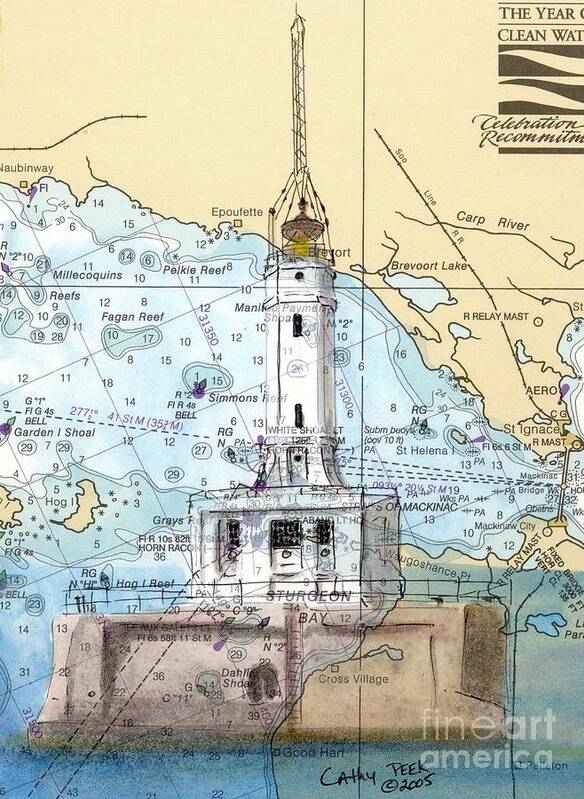 Grays Art Print featuring the painting Grays Reef Lighthouse MI Nautical Chart Map Art Cathy Peek by Cathy Peek