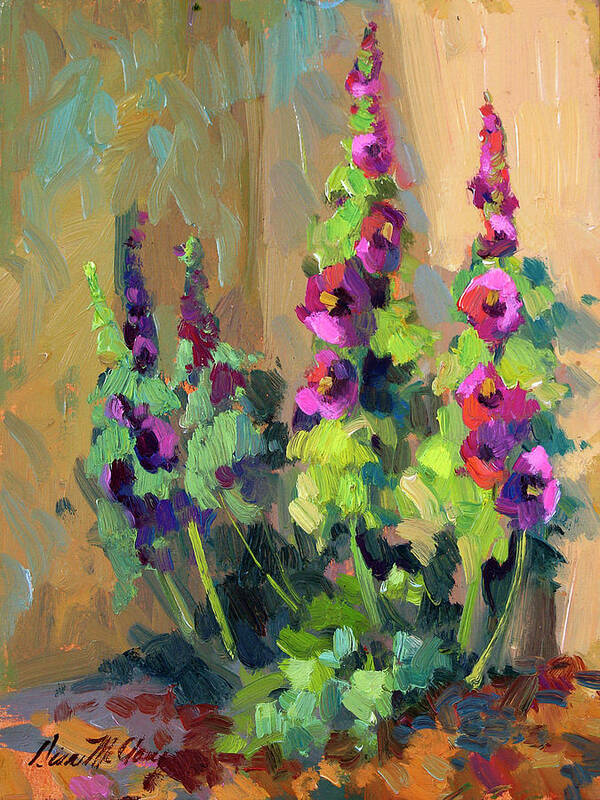 Hollyhocks Art Print featuring the painting Hollyhocks at Giverny by Diane McClary