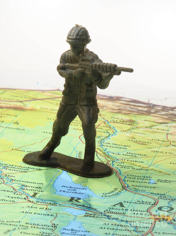 Aggression Art Print featuring the photograph Toy Solider on Iraq Map by Amy Cicconi