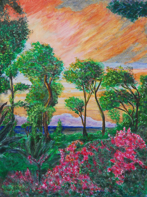 Cayman Brac. Cayman Islands Sunset Art Print featuring the painting Sunset from My Backyard by Monte Lee Thornton