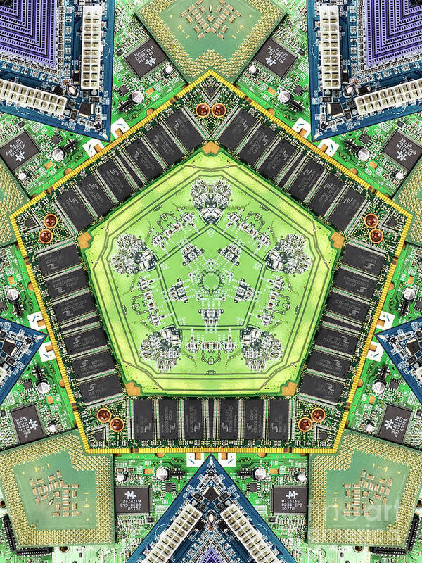 Chip Art Print featuring the photograph Computer Circuit Board Kaleidoscopic Design #18 by Amy Cicconi